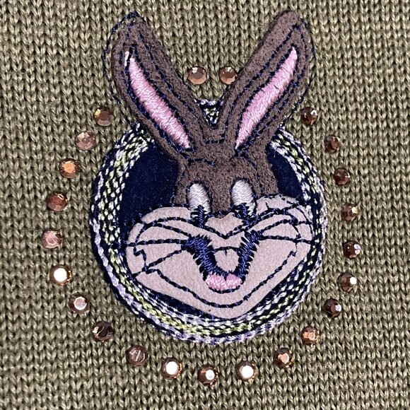 Wool Sweater Rabbit Patch Quirky Green Turtleneck Long Sleeve Bunny Pullover - Picture 12 of 12